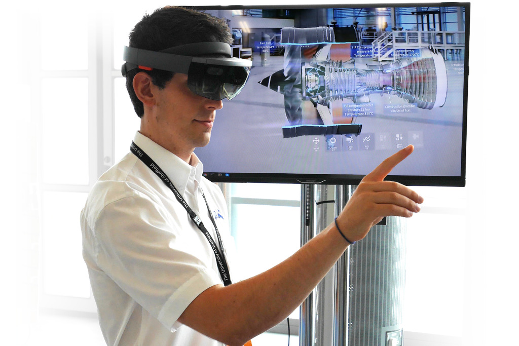 The Microsoft HoloLens is demonstrated by the AMRC's Sean Wilson.