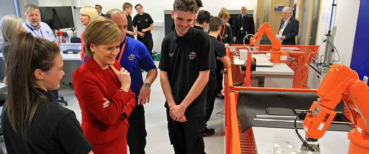 The First Minister of Scotland, Nicola Sturgeon MSP, meeting apprentices at the AMRC Training Centre robotics lab.
